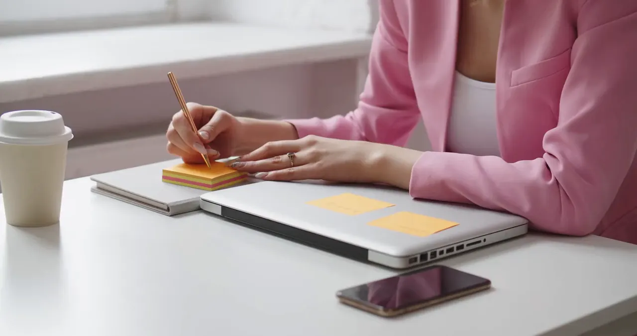 A desk by a bright window: a notepad, sticky notes, a laptop and a coffee